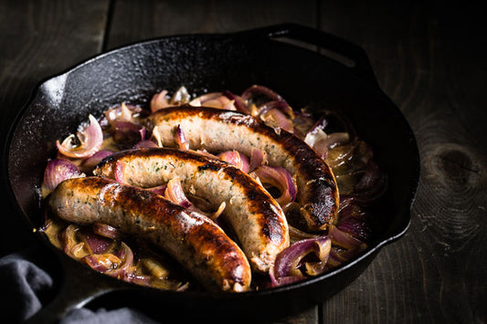 One-Skillet Wagyu Brats with Caramelized Onions